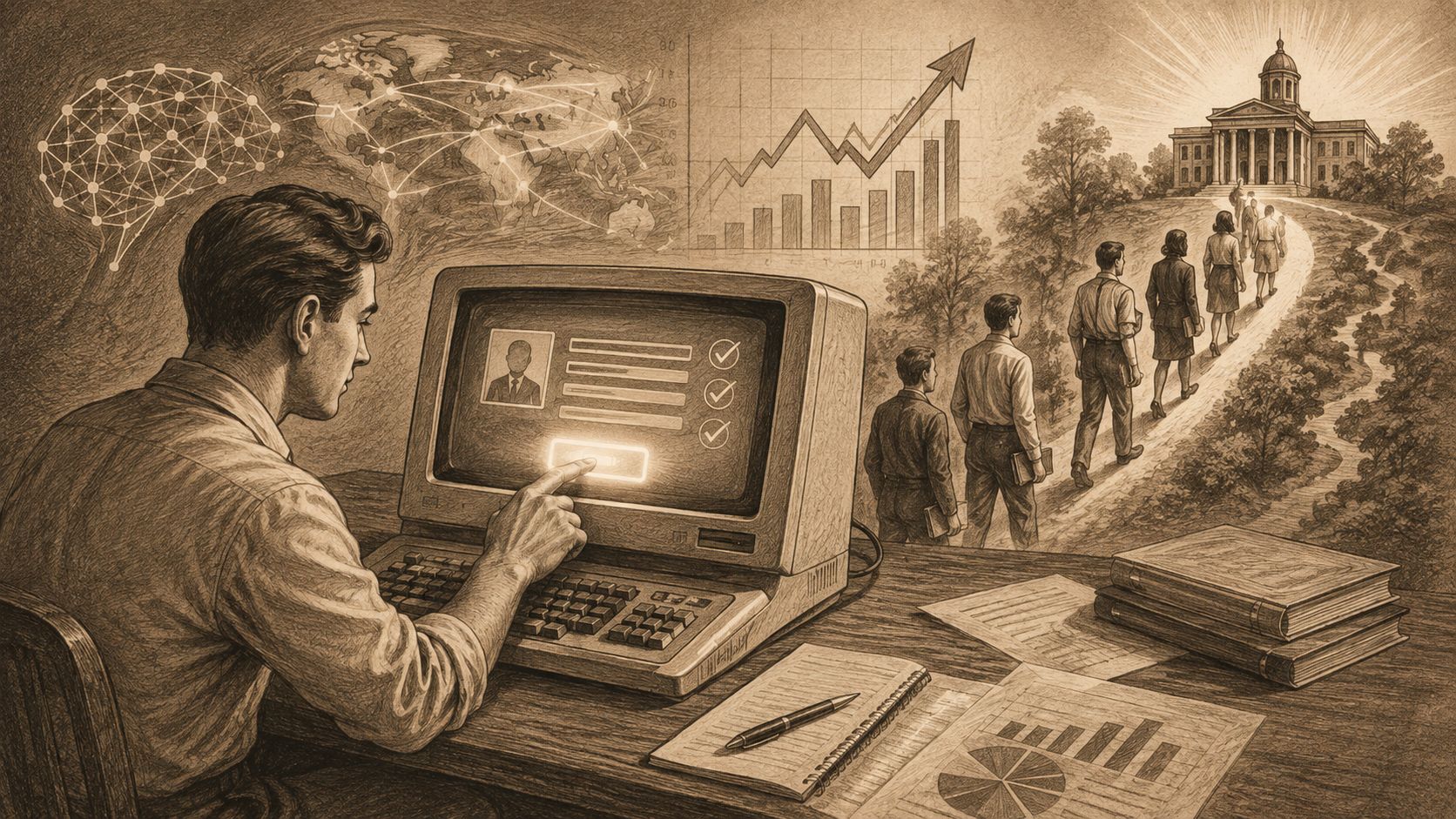 Hombre analizando datos digitales y procesos de admisión universitaria con una computadora antigua en estilo vintage.