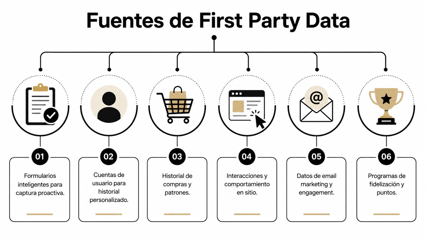 Diagrama que muestra las seis fuentes principales de recopilación de datos de primera mano en marketing digital.