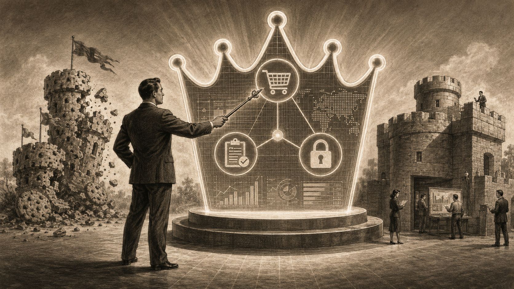 Un ejecutivo presenta una estrategia de datos first-party frente a una corona luminosa con símbolos comerciales.