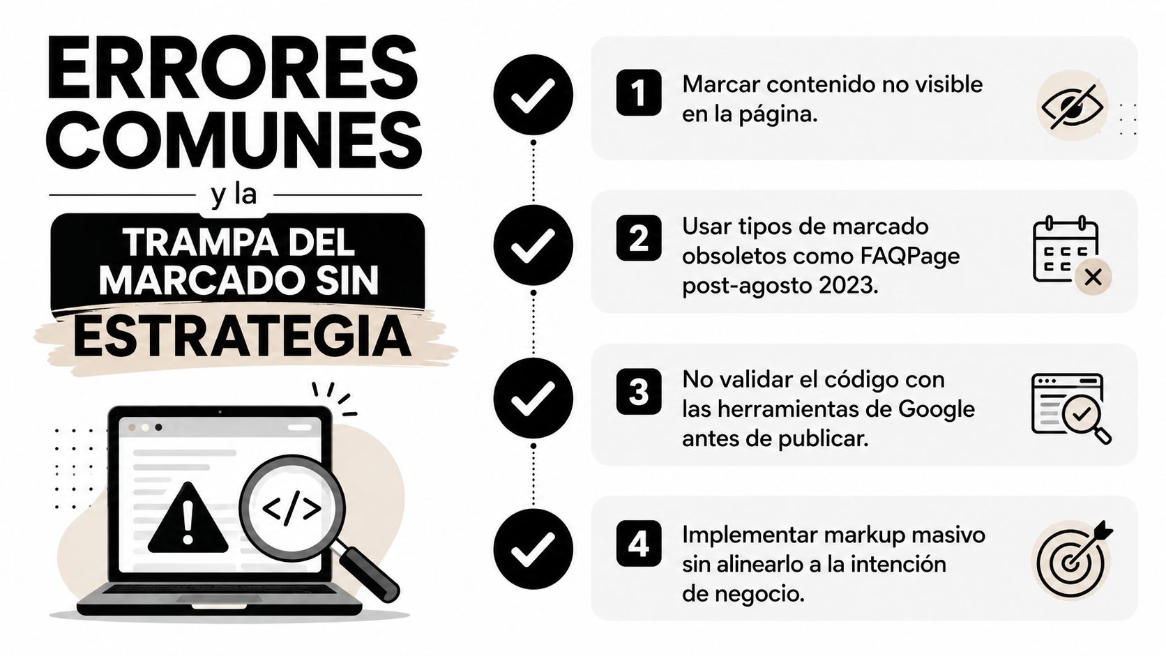 Infografía sobre errores comunes en marcado de datos estructurados para SEO y estrategias de implementación.
