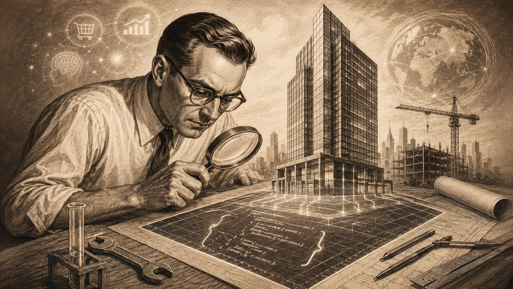 Un arquitecto examina planos detallados de un rascacielos con una lupa sobre una mesa de dibujo