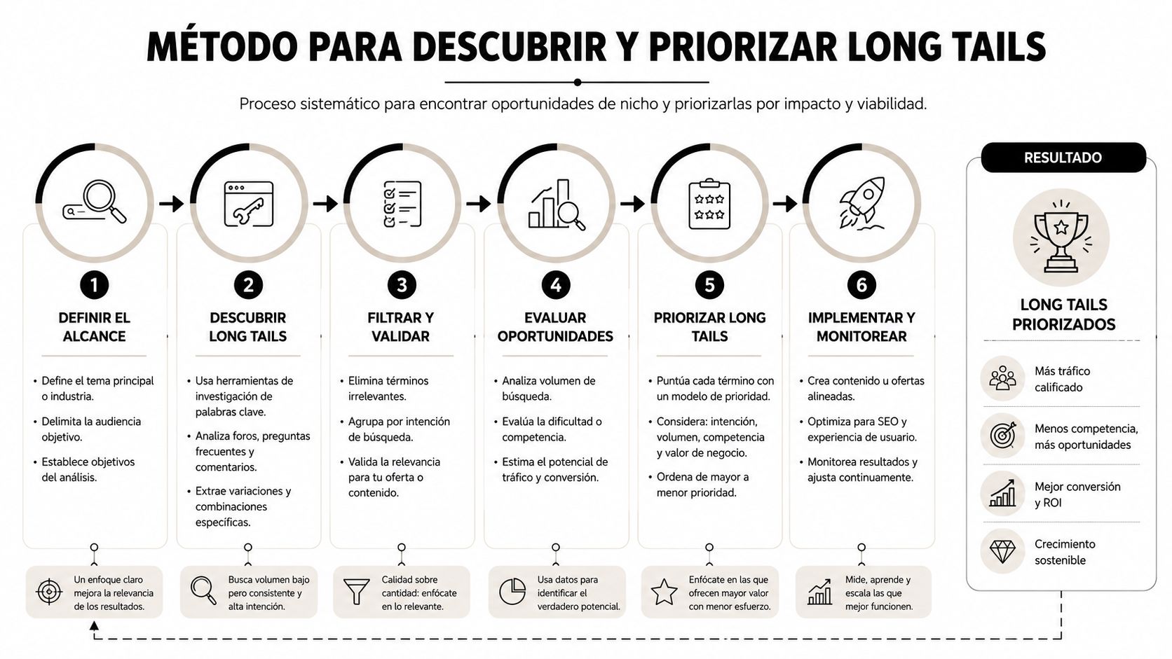 Infografía paso a paso sobre el método para descubrir, filtrar y priorizar estrategias de palabras clave long tail.