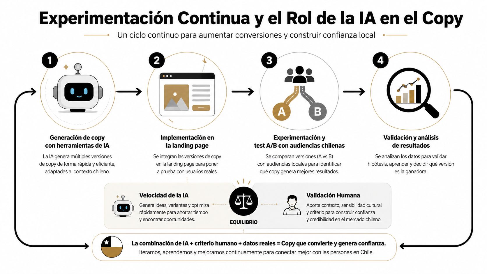 Diagrama del proceso de experimentación continua usando inteligencia artificial para optimizar textos en landing pages chilenas.
