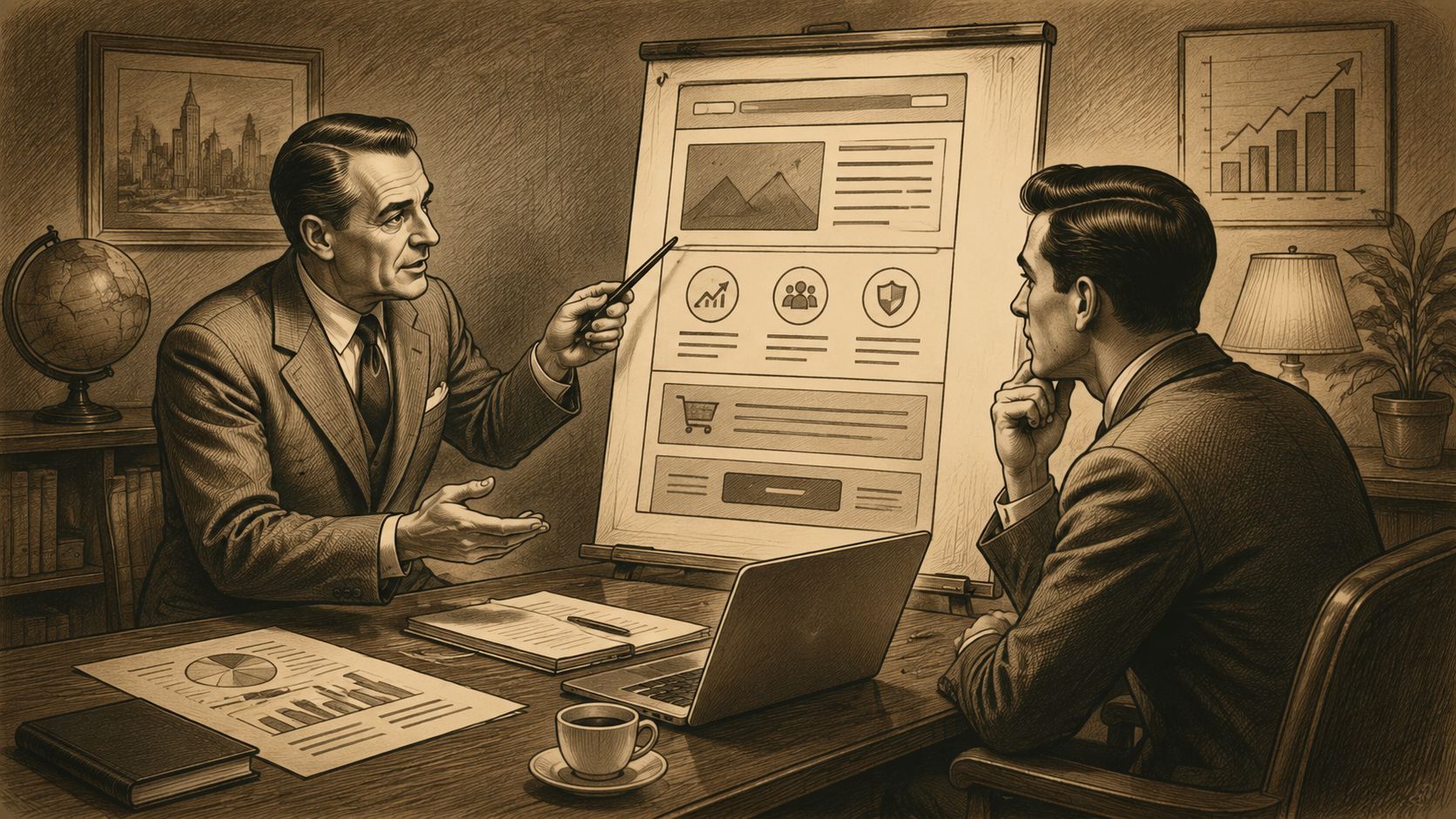 Dos empresarios analizando una estrategia de landing page profesional en una oficina estilo vintage con bocetos.