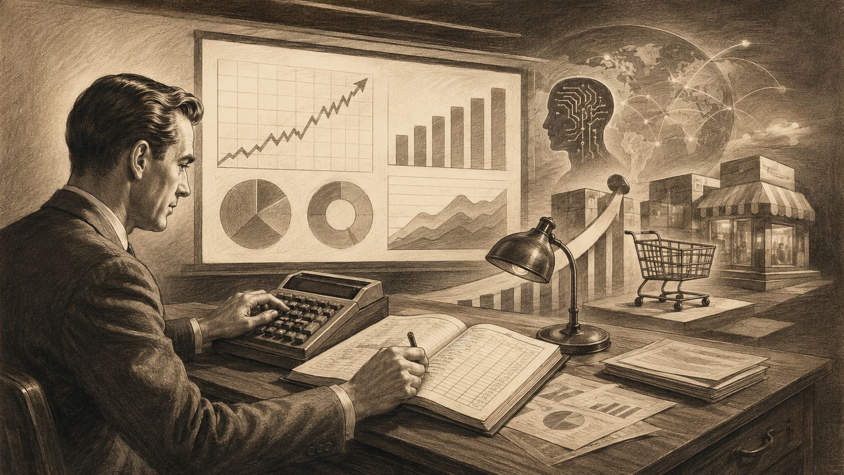 Hombre de negocios analizando datos financieros y métricas de comercio electrónico en su escritorio de oficina vintage.