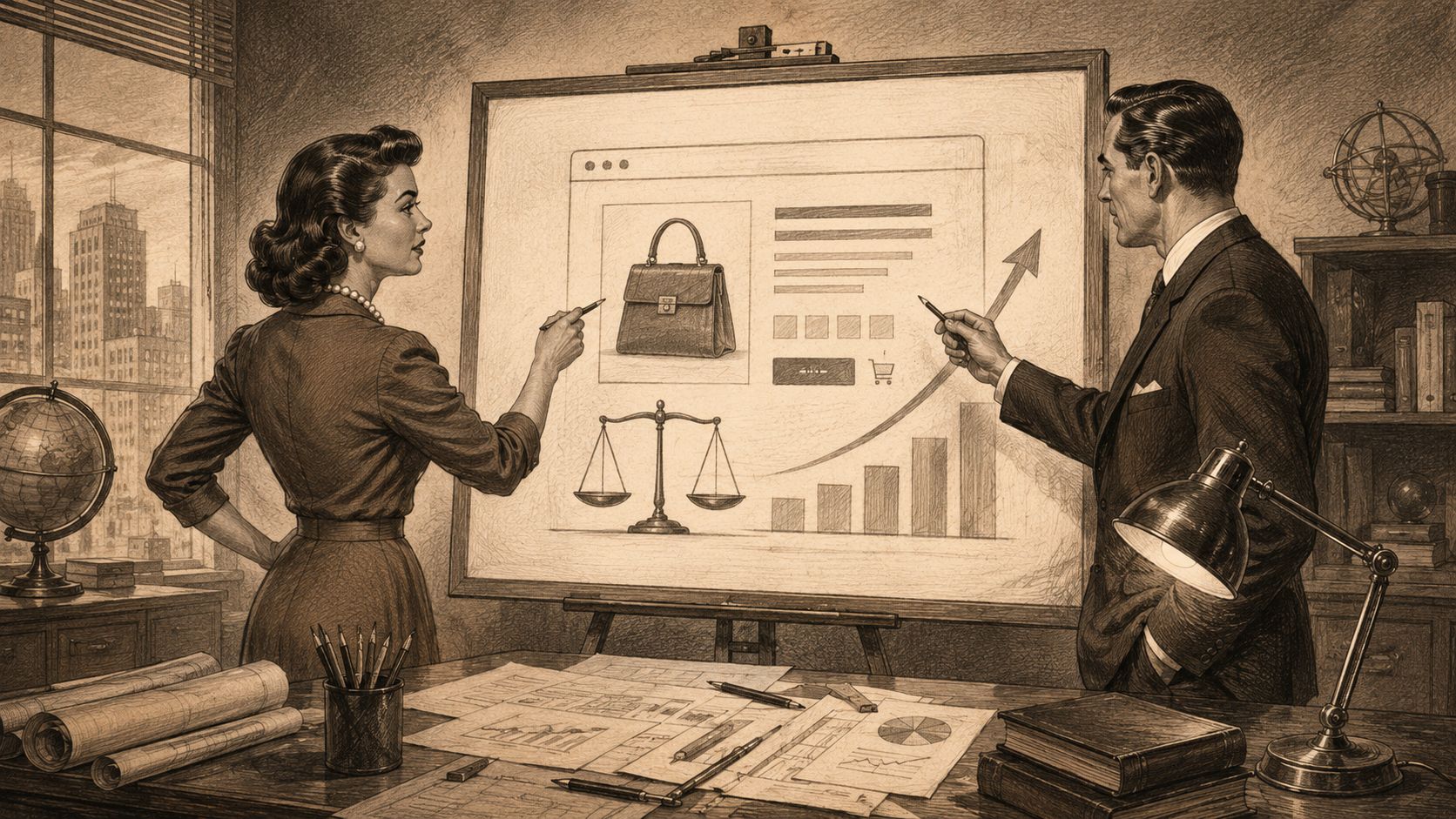 Una mujer y un hombre de negocios colaborando frente a un tablero con gráficos de estrategia comercial.