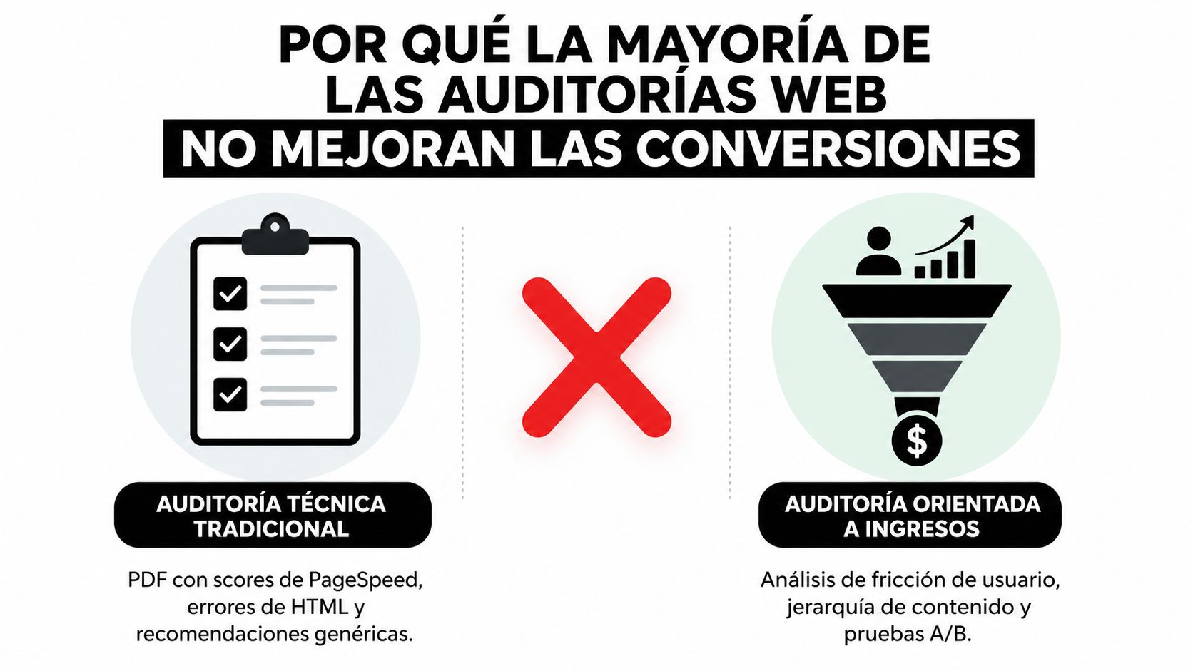 Comparativa entre auditoría técnica tradicional y auditoría de conversión orientada a ingresos para sitios web.