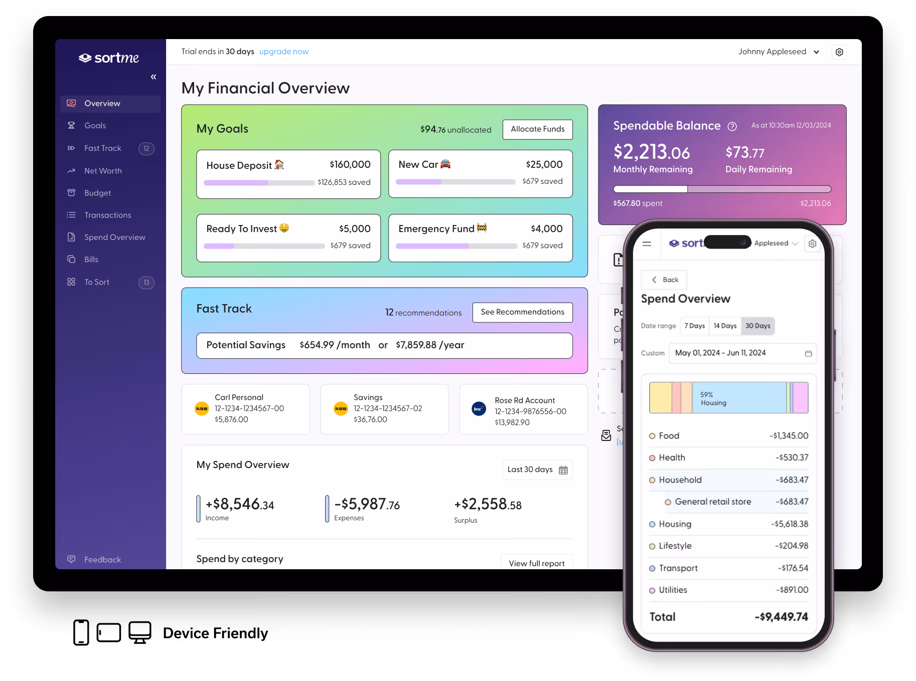 SortMe budgeting software desktop dashboard with spend overview, category breakdown, and budget vs actual comparison