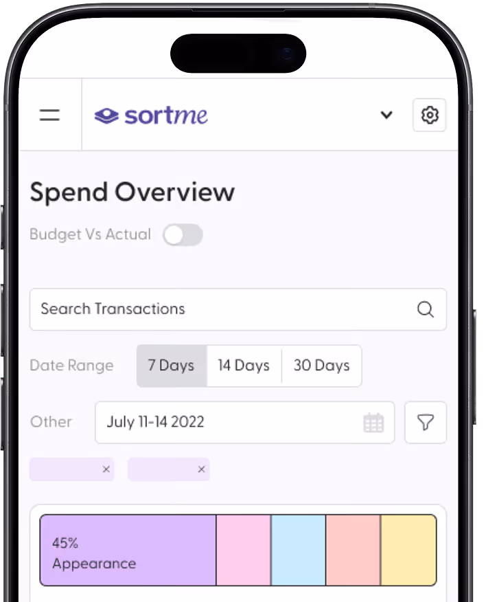 Smartphone screen showing a spend overview app with a transaction search bar, date range options, and a color-coded spending category bar indicating 45% on appearance.