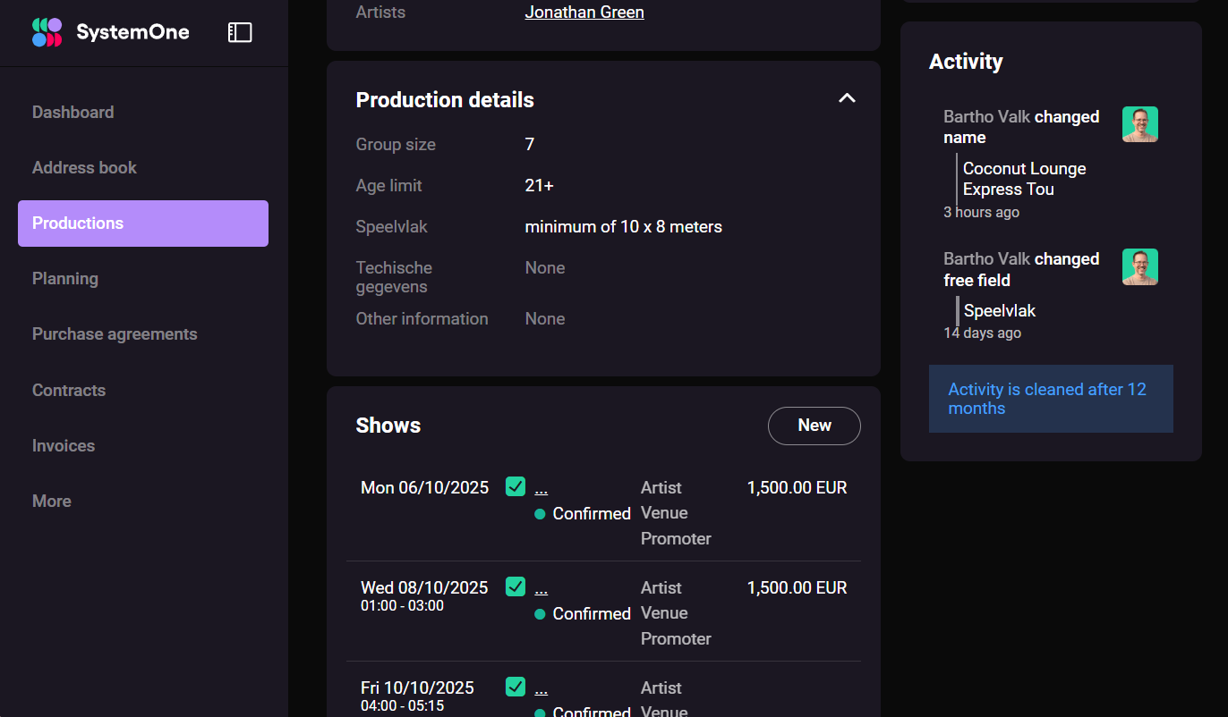 SystemOne activity panel