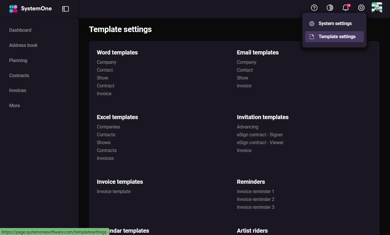 SystemOne Template settings