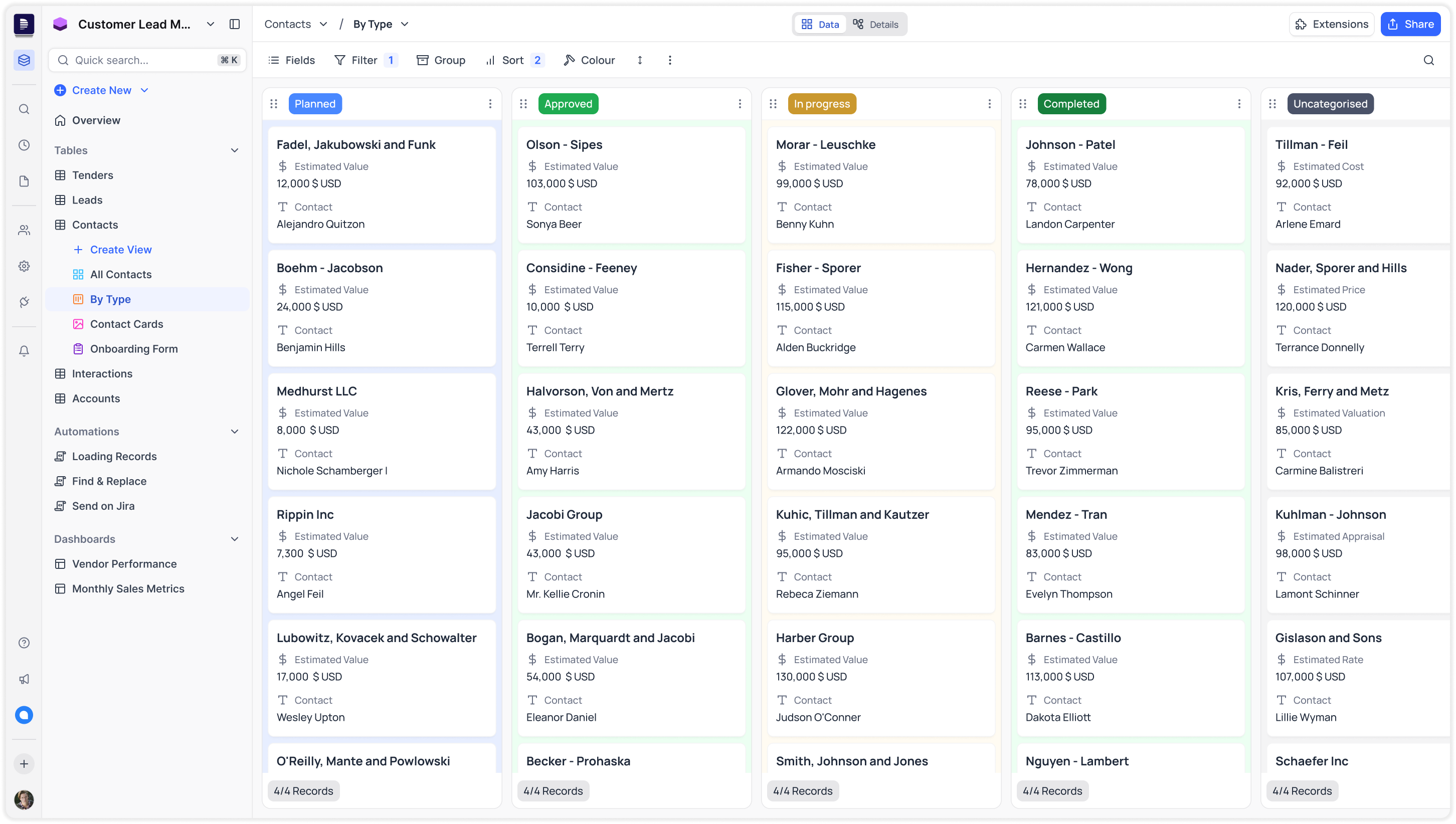 NocoDB Base - Kanban view