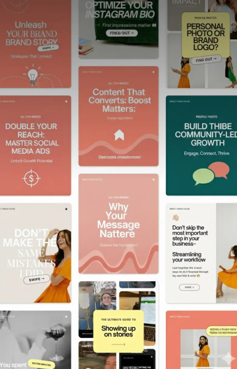 Presentation slides including a title slide 'Innovate & Grow', a purple chart titled 'Quarterly Progress' showing bar graphs for different months, and a $100 Billion financial graphic with circular elements.