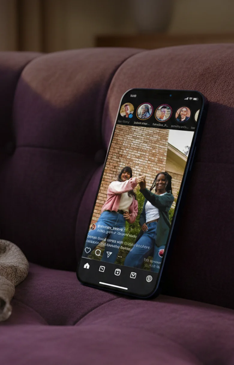 Digital marketing ad creative displayed on a smartphone screen featuring an Instagram interface and lifestyle photography.