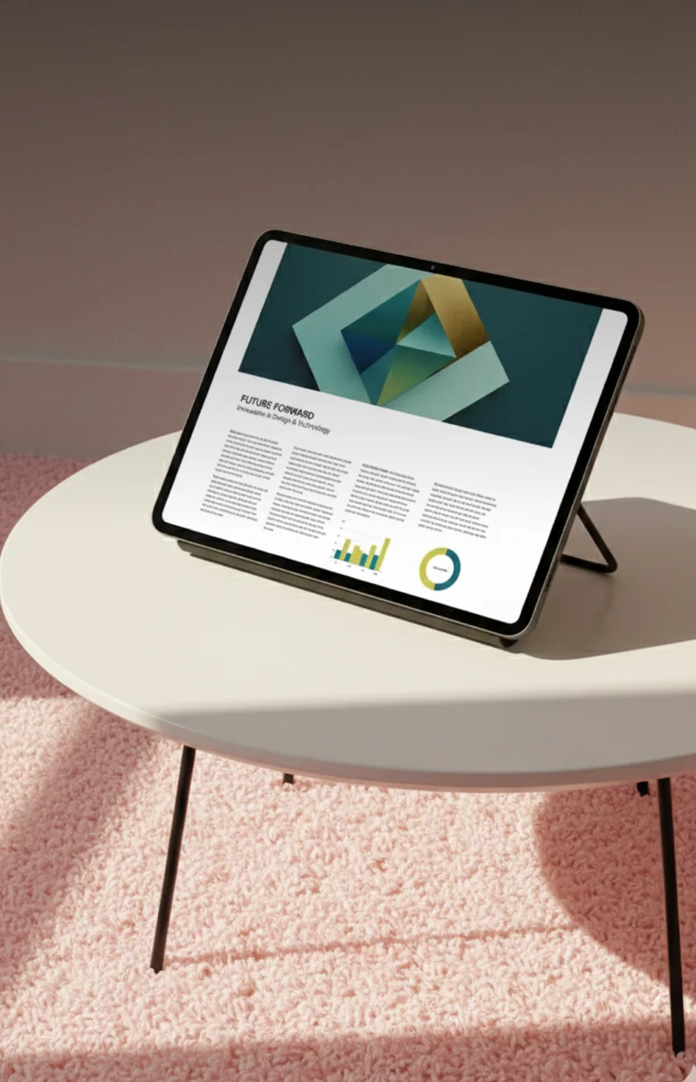 Digital lead magnet and e-book design displayed on a tablet featuring professional data charts and a minimalist editorial layout.