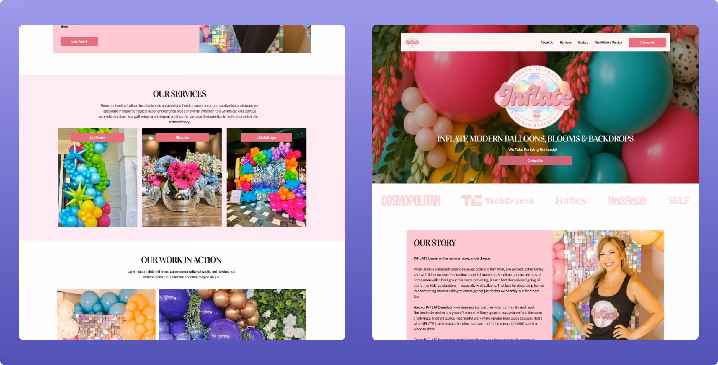Inflate Balloons website service page highlighting custom balloon décor for corporate events, birthdays, weddings, and celebrations.
