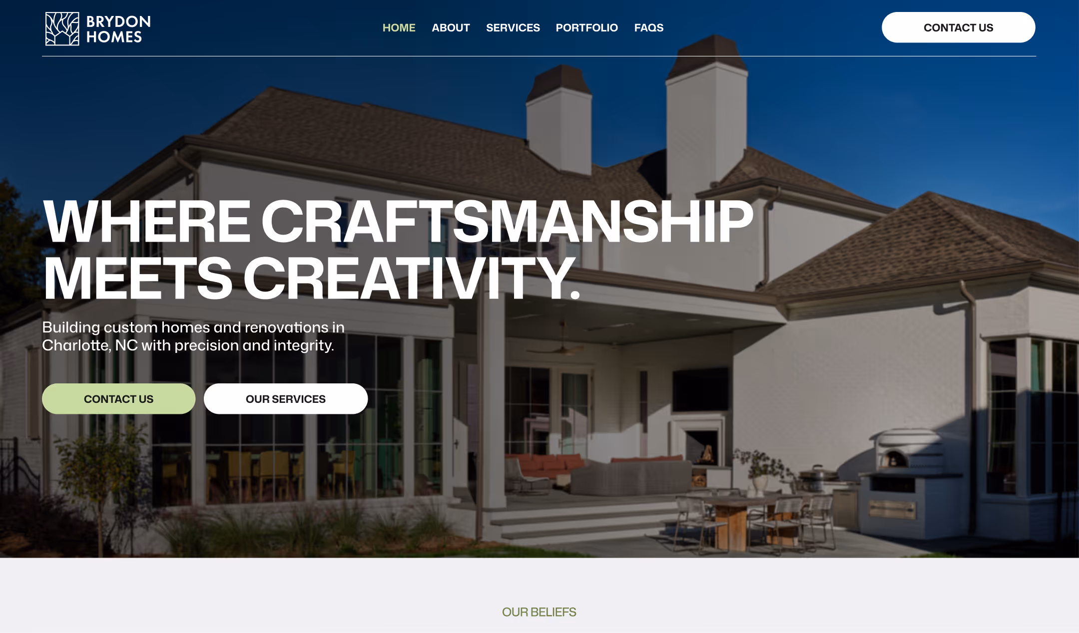 Homepage design for Brydon Homes featuring luxury custom home builds, renovations, and modern residential craftsmanship in Charlotte, NC.