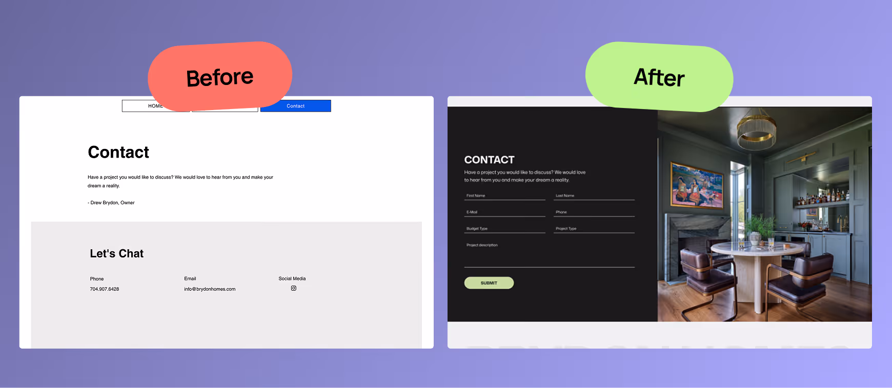 Before And After Results For Website performance optimization for Brydon Homes demonstrating improved page speed, usability, and site functionality.