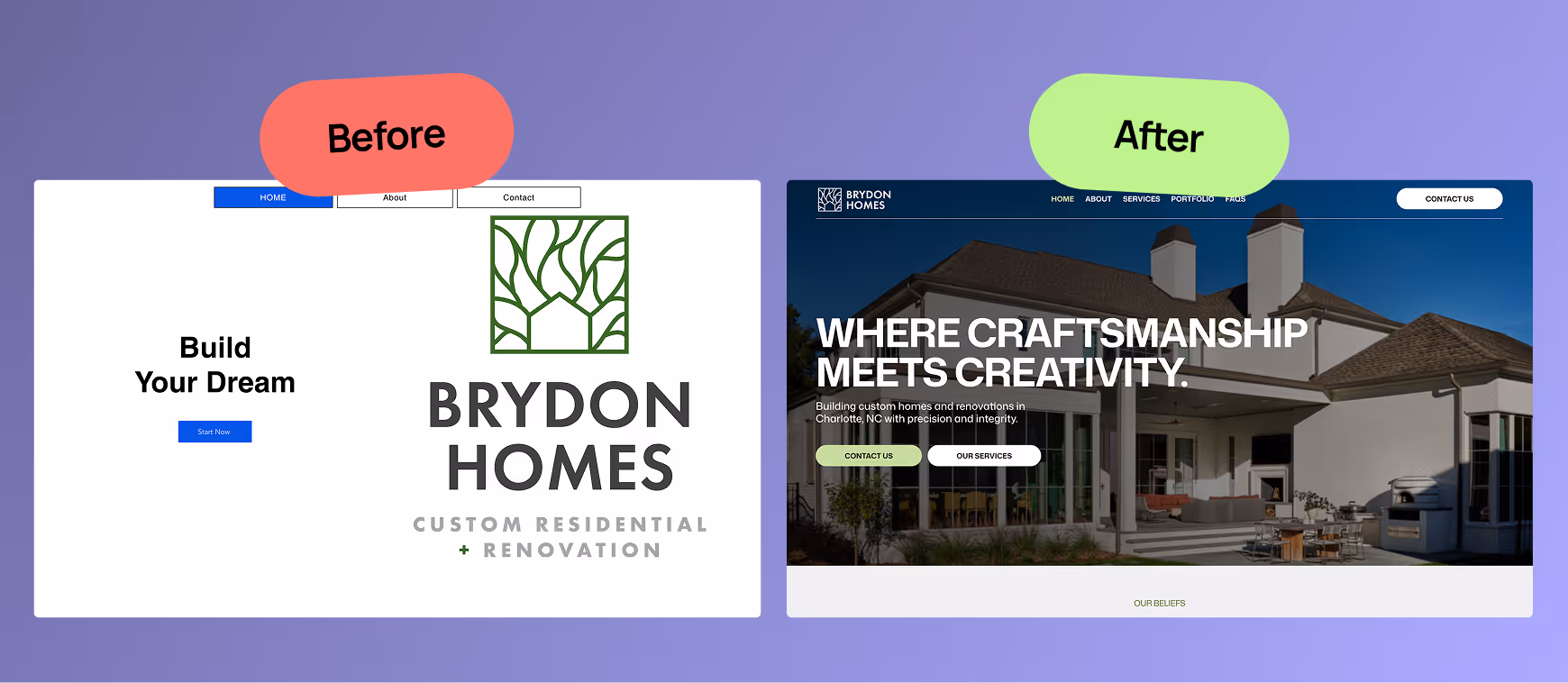 Before and After Results For Responsive website design for Brydon Homes highlighting custom home projects, craftsmanship, and streamlined navigation.
