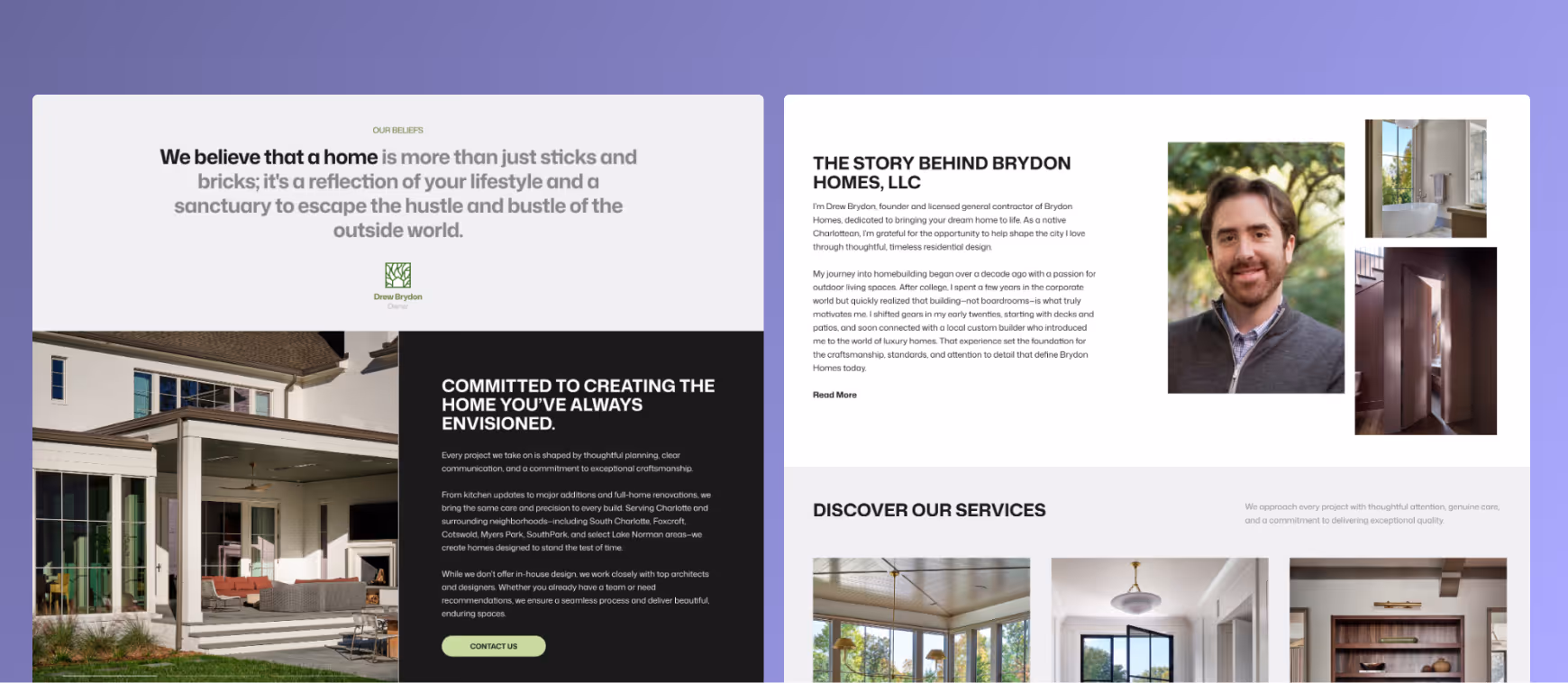 Custom home builder website for Brydon Homes showcasing high-end renovations, additions, and residential construction services.