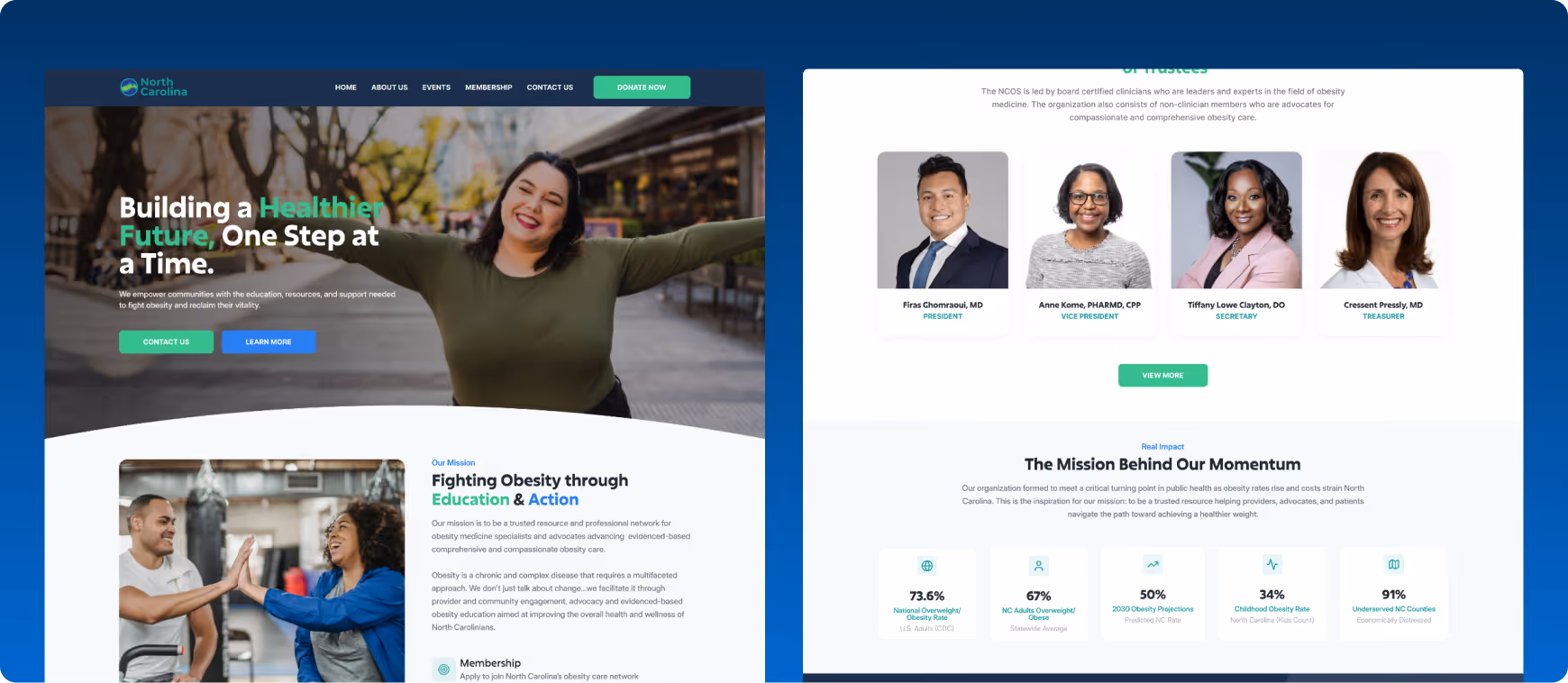 Homepage design for the North Carolina Obesity Society featuring obesity education, advocacy initiatives, and clinician-focused resources.