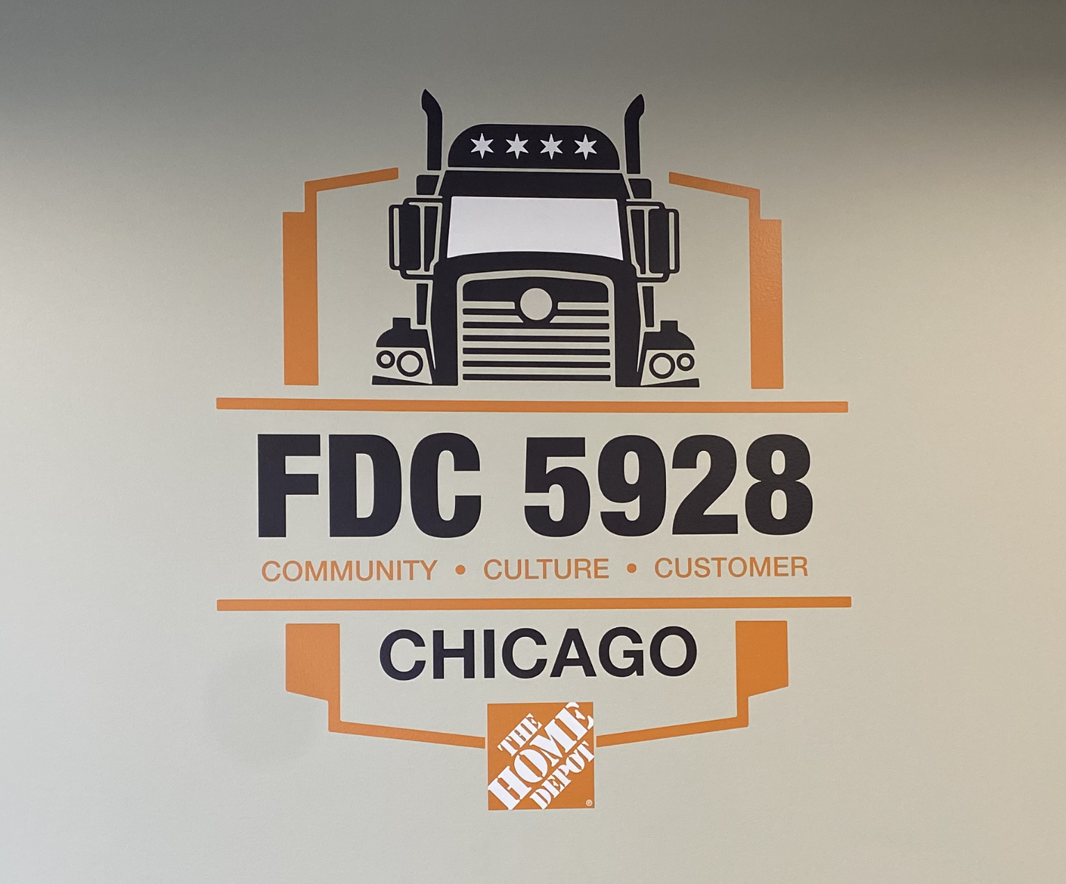 Wall graphic featuring a truck illustration, large text 'FDC 5928', and the words 'Community • Culture • Customer' with 'Chicago' and The Home Depot logo below.