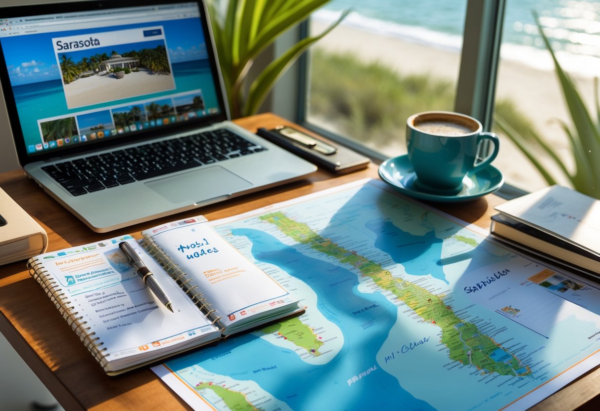 A workspace with a laptop, map, notebook, and coffee cup by a window showing a beach view.