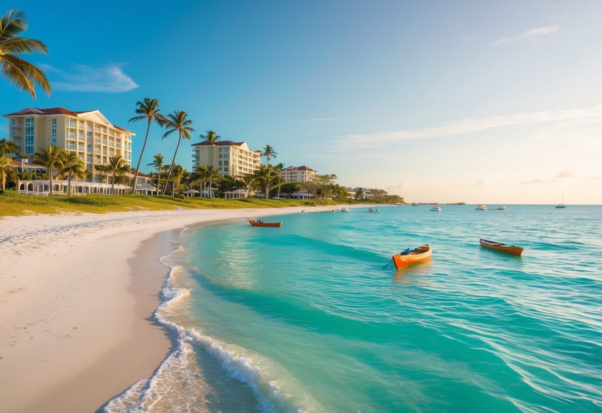 A sunny Sarasota beach with clear blue water, palm trees, beachfront hotels, and boats on the water.