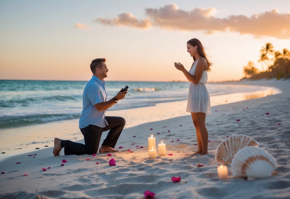 A couple on a sandy beach at sunset, with the man kneeling to propose to the woman near the ocean shore.