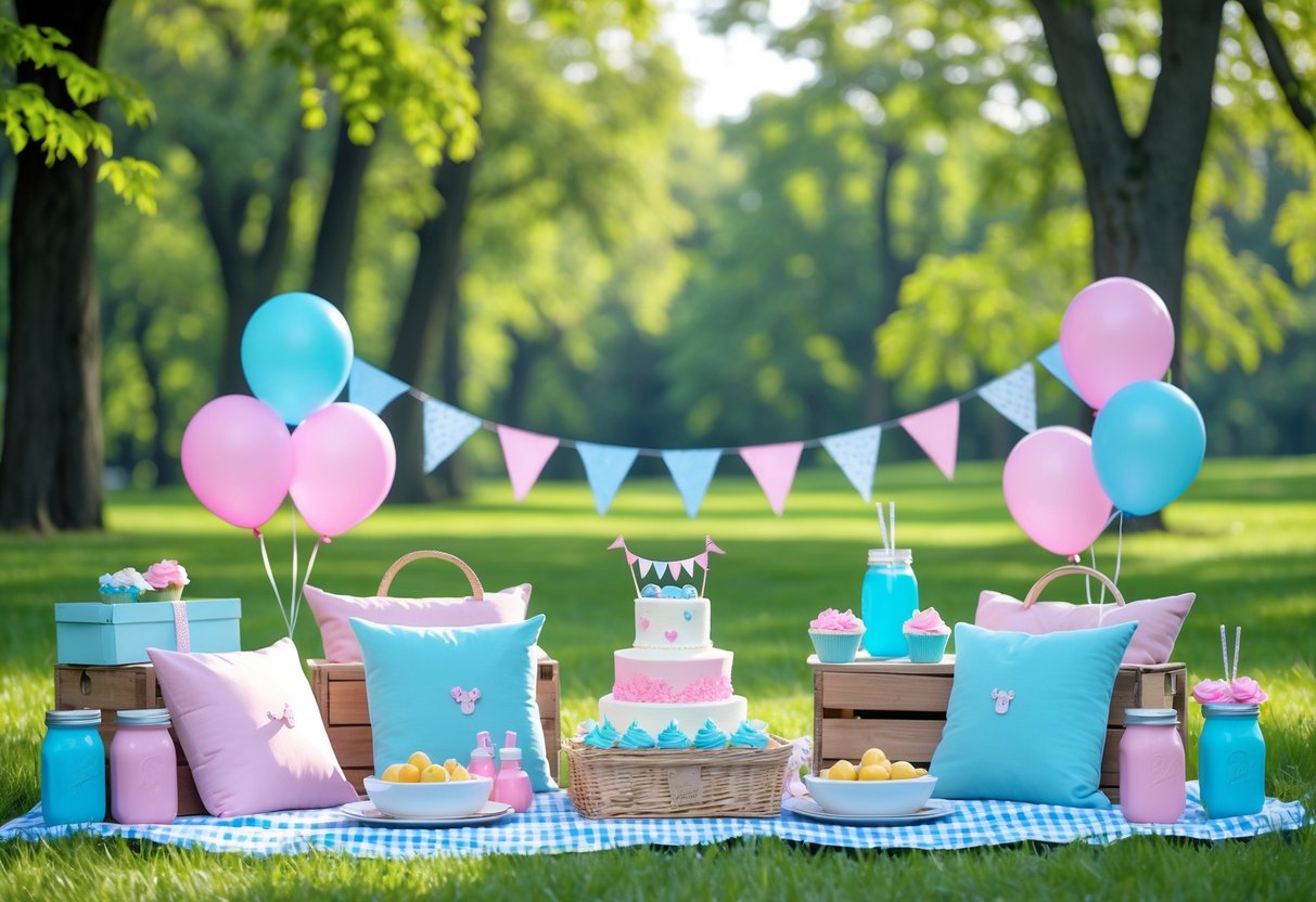 Outdoor picnic setup with pastel pink and blue decorations, picnic blanket with food and drinks, balloons, and floral arrangements in a sunny park.