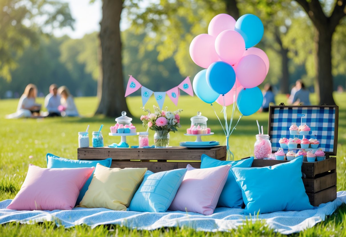 Outdoor picnic setup with pastel decorations, balloons, flowers, and treats arranged on a blanket in a sunny park.