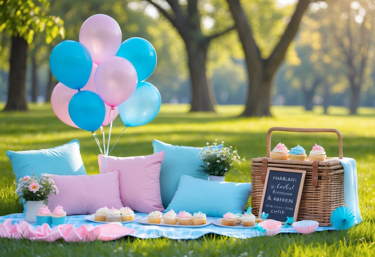 Outdoor picnic setup with pastel balloons, floral decorations, and snacks on a blanket in a sunny park.