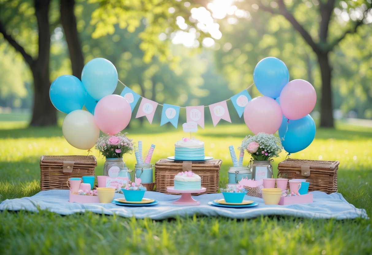 A picnic blanket in a green park with pastel balloons, flowers, snacks, and decorations set up for a gender reveal celebration.