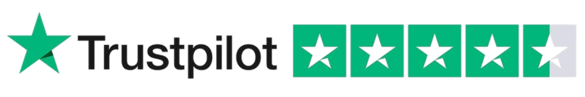 Trustpilot logo with a 4.5-star rating displayed in green and white stars.