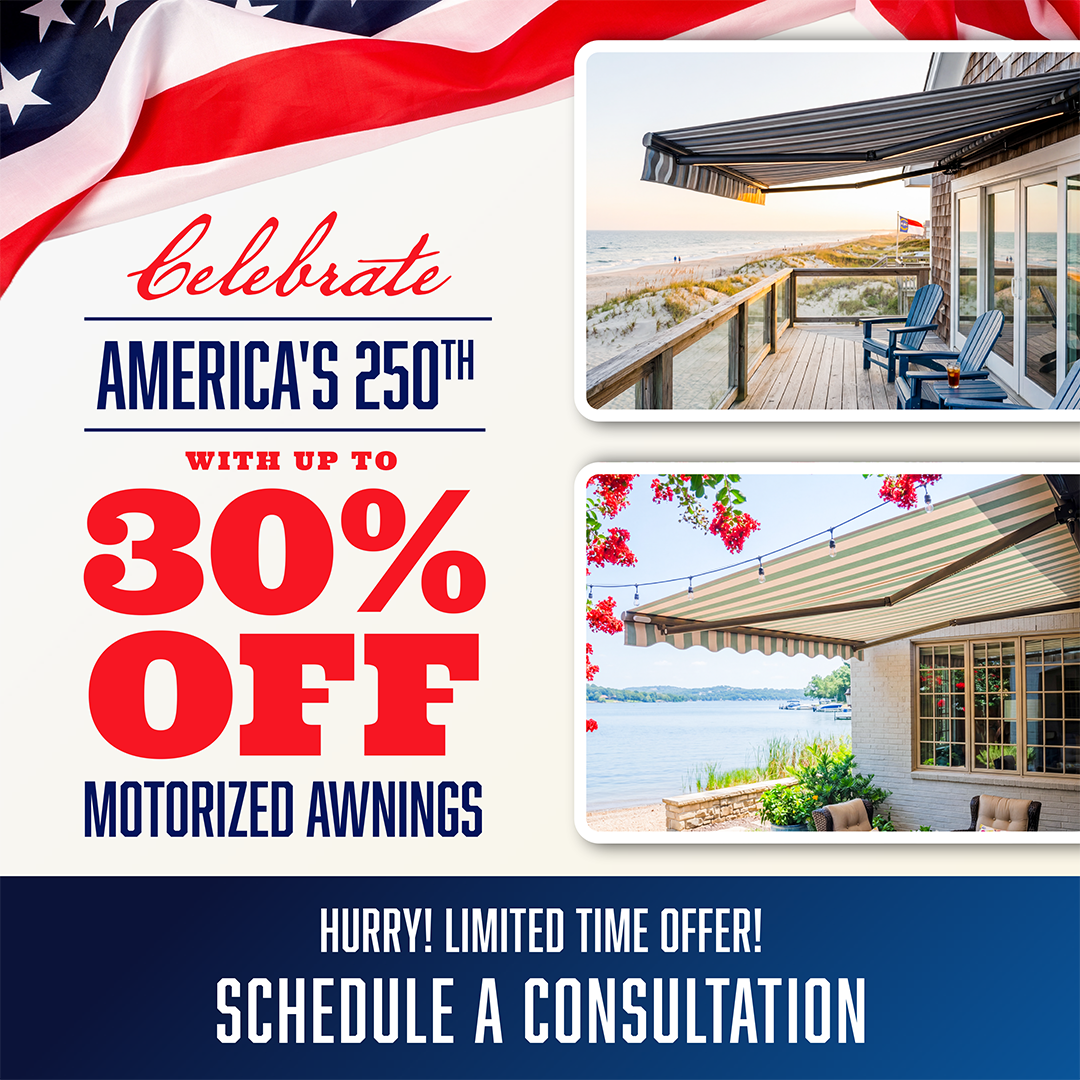 Advertisement for 30% off motorized awnings with images of two patio awnings by water and beach.