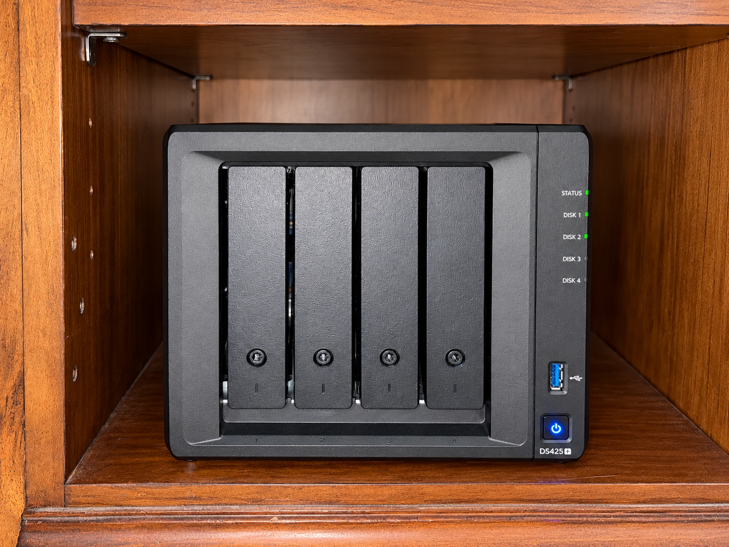 Ron Palinkas’s Synology DS425+ NAS at home, with all four drive bays visible.