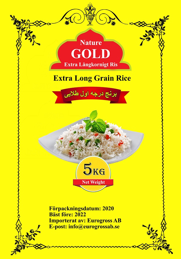 Nature Gold Extra Långkornigt Ris Extra Long Grain Rice 5 kg Net Weight Förpackningsdatum:2020 Bäst före:2022 Importerat av: Eurogross AB E-post:info@eurogrossab.se