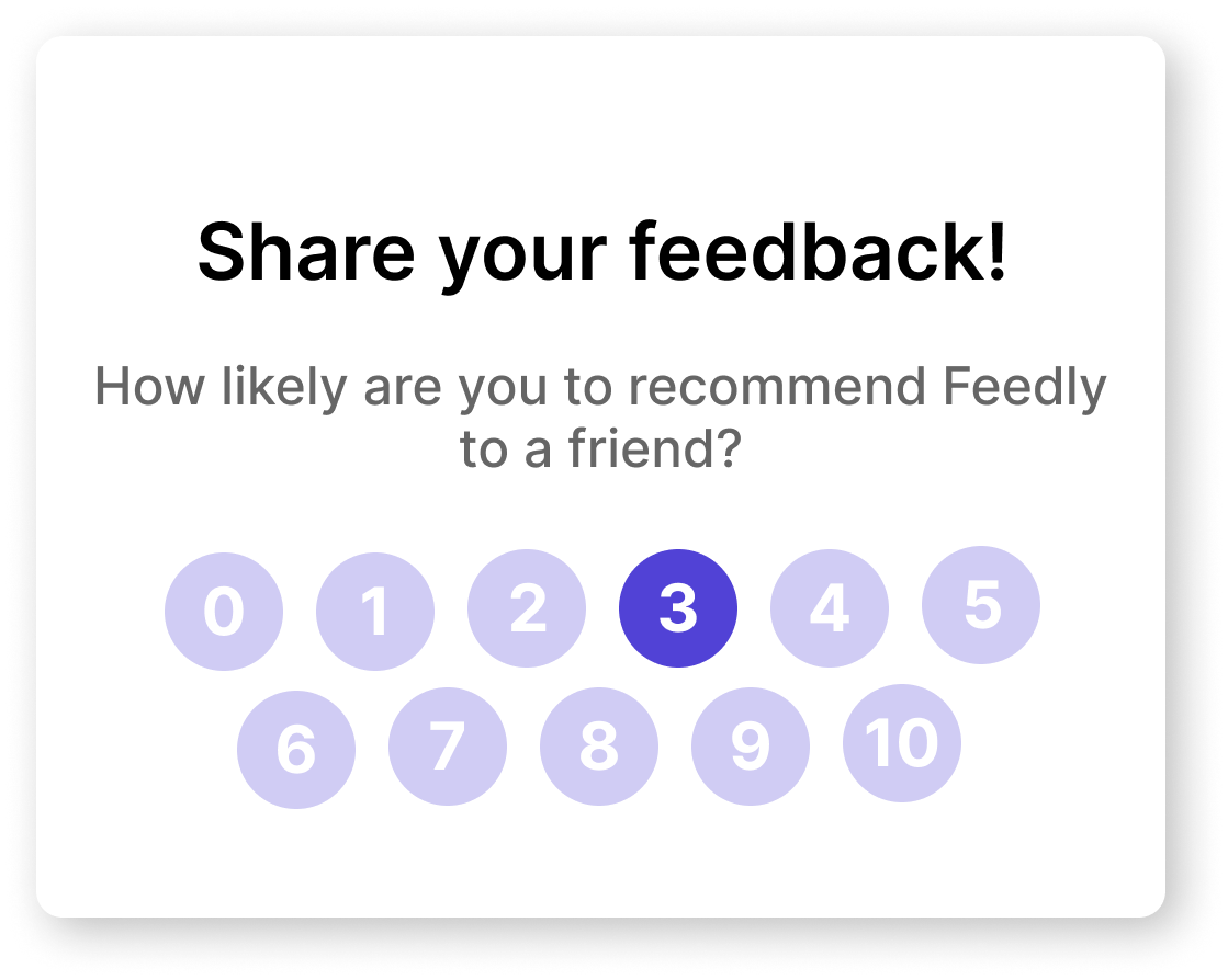 An example of our NPS rating: "How likely are you to recommend Feedly to a friend?", with circle buttons to pick 0 through 10.