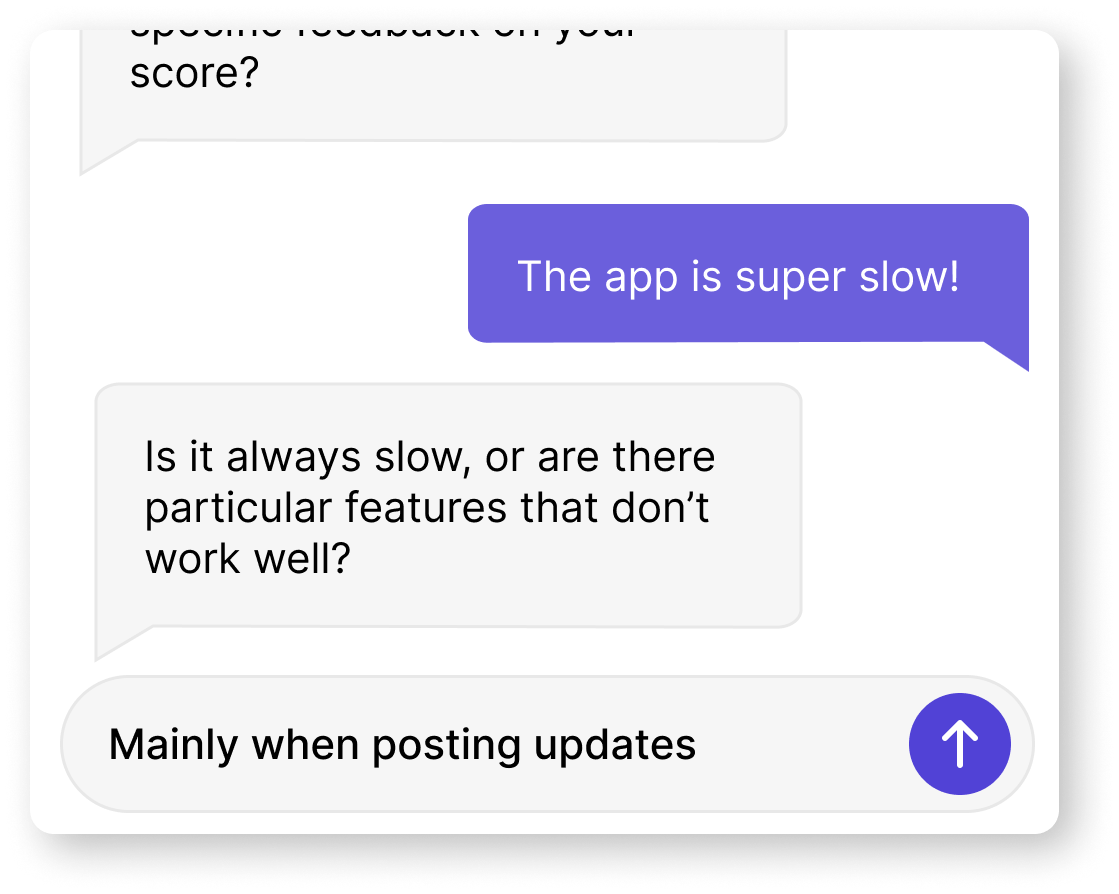 An follow up chat to dive deeper into the rating given. The user is complaining about app speed, mainly when posting updates.