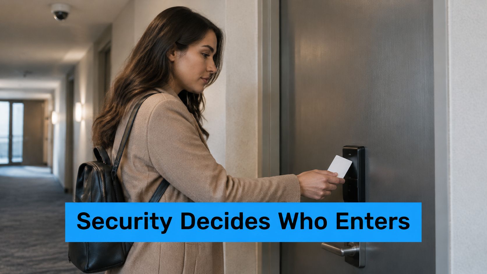 A woman using a key card to access a secure door in an office hallway.