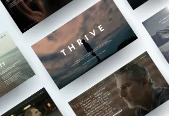 A digital collage of multiple presentation slides including a central slide titled 'THRIVE' showing a silhouette of a person with hands raised against a dramatic sky background.