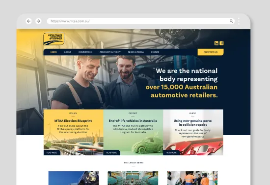 Homepage of MTAA website showing two men discussing, with highlighted text about representing over 15,000 Australian automotive retailers and sections on policy, report, and advice.