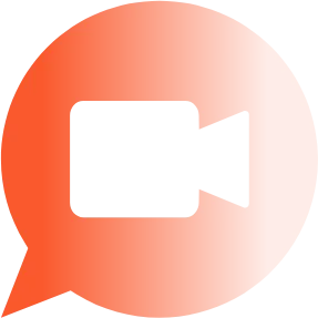 Black video camera icon inside an orange speech bubble.