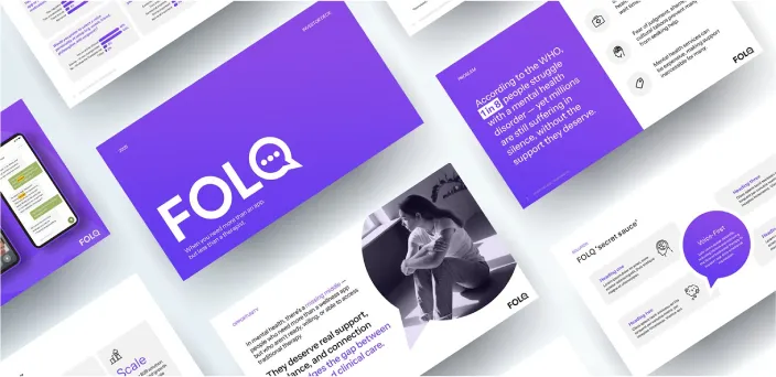 Multiple digital slides displayed in a scattered layout, featuring the FOLO brand with purple and white colors, including text about mental health support and a black-and-white photo of a person hugging their knees.