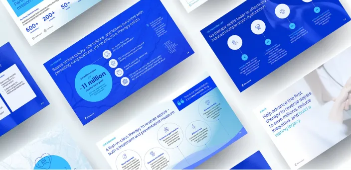 Overview of informational slides about sepsis, highlighting statistics, challenges, and therapeutic advancements.