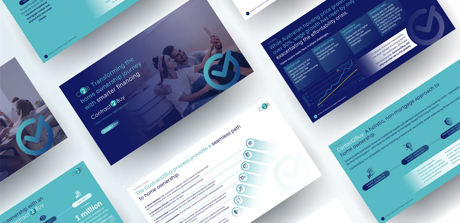 Overhead view of multiple blue and white presentation slides about Contract2Buy and home ownership, featuring text, graphs, icons, and images of people.