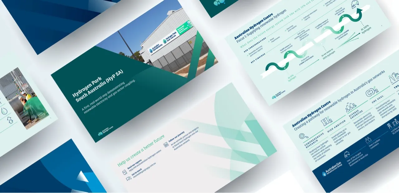Collage of informational slides from Australian Hydrogen Centre about the Hydrogen Park South Australia project, renewable hydrogen supply, and gas network integration.
