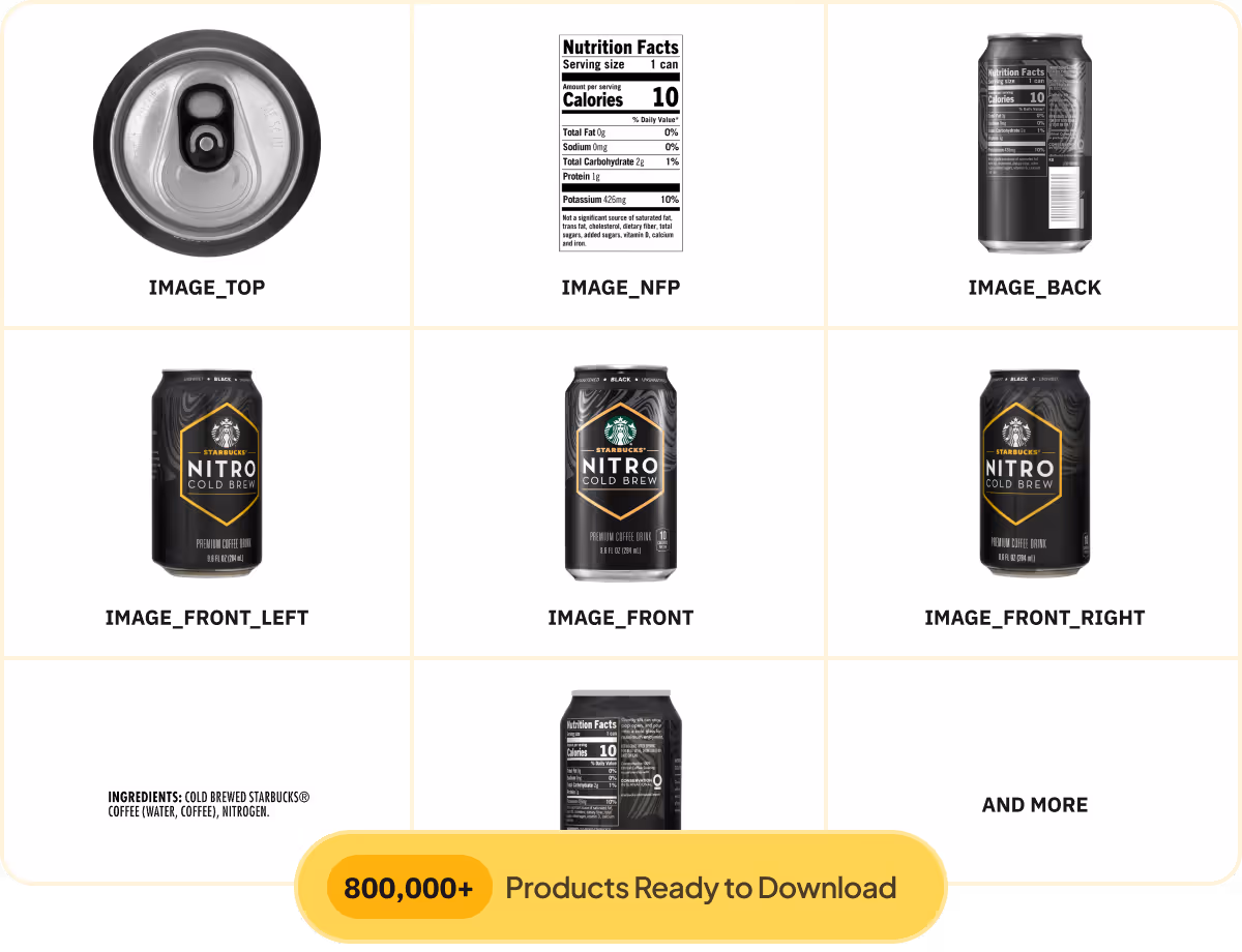 Grid of different product images showing various angles of cold brew coffee can at the bottom reads 880k+ Products Ready to Download.