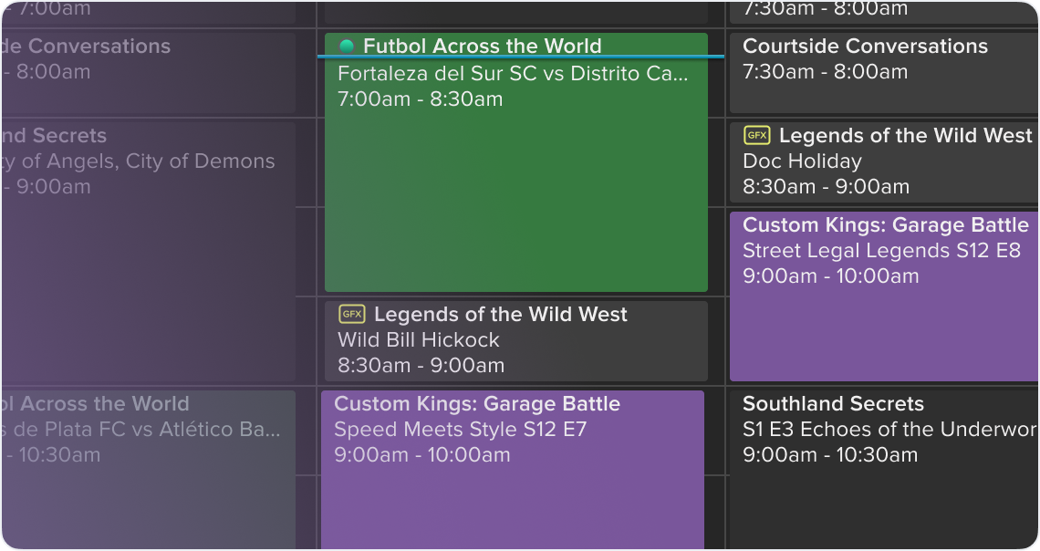 A close up image of Frequency's schedule showing a mix of content that is scheduled.
