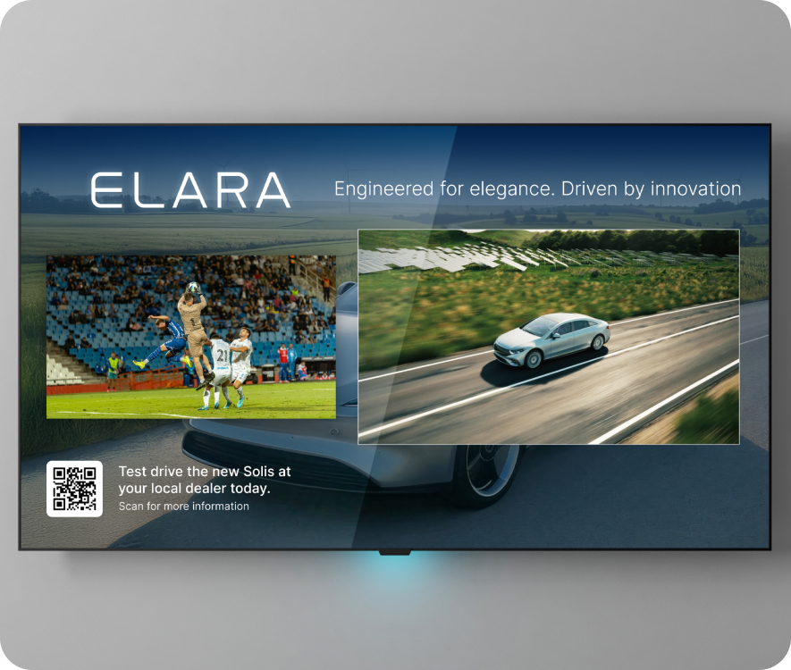 A TV displaying a squeezeback experience with live footage of a soccer game.